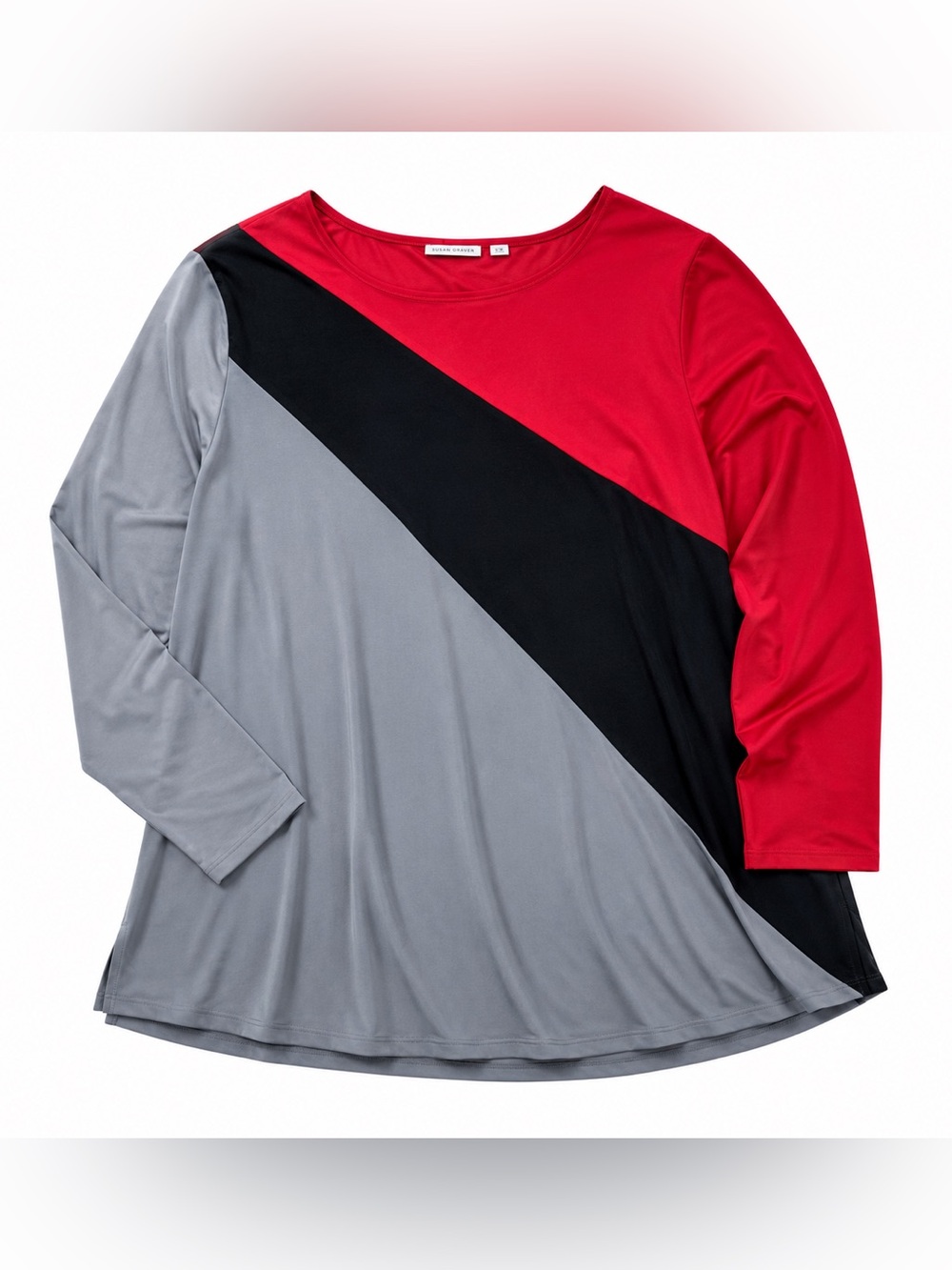 Susan Graver Color Block Tunic Top 2X Red Black Gray Stretch Plus Size